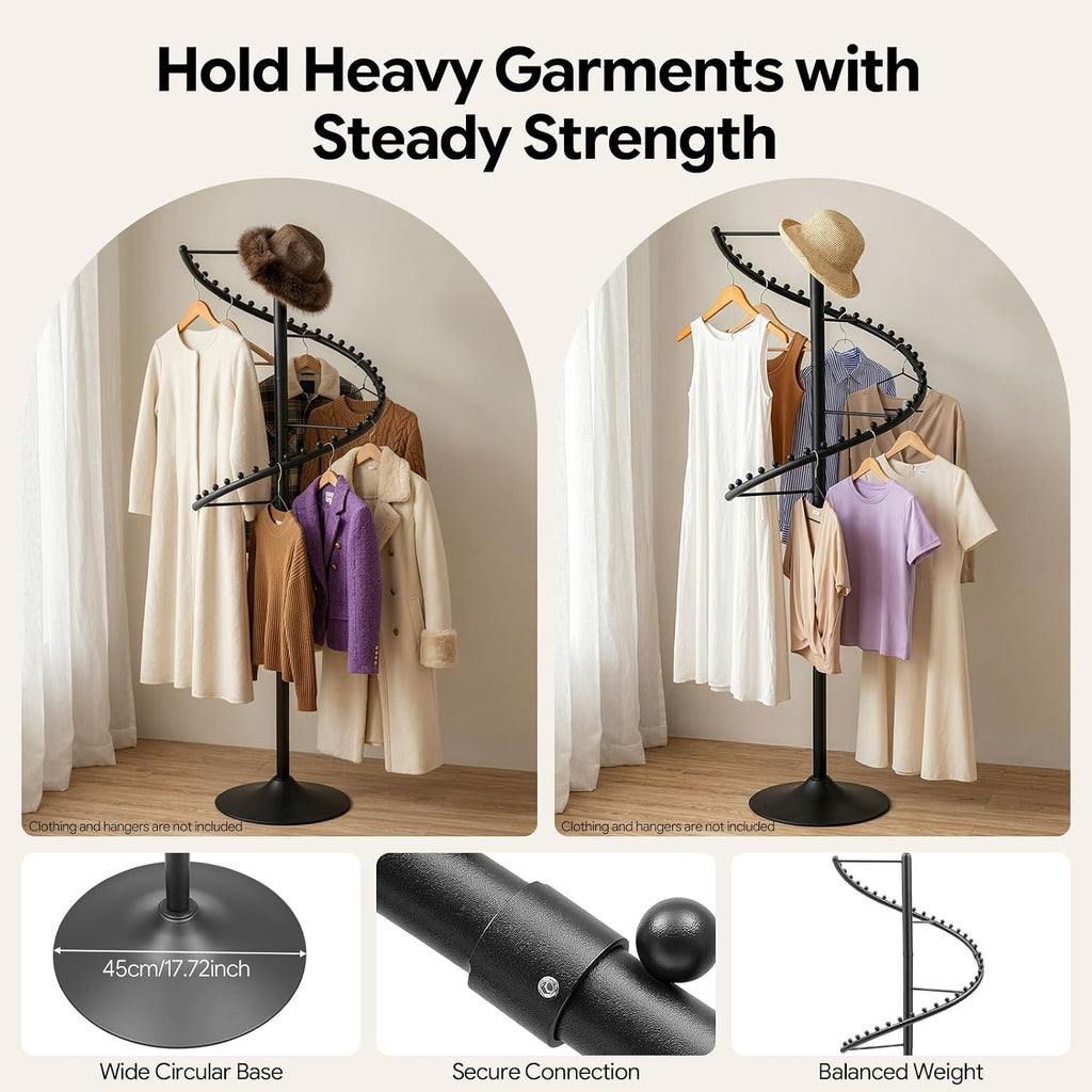 71 Inch Spiral Clothing Rack 360° Spiral Retail Costumer Garment Rack with 38 Ball, 5.91ft Spiral Rotating Clothing Rack for Bedrooms, Living Rooms, Stores (Black)
