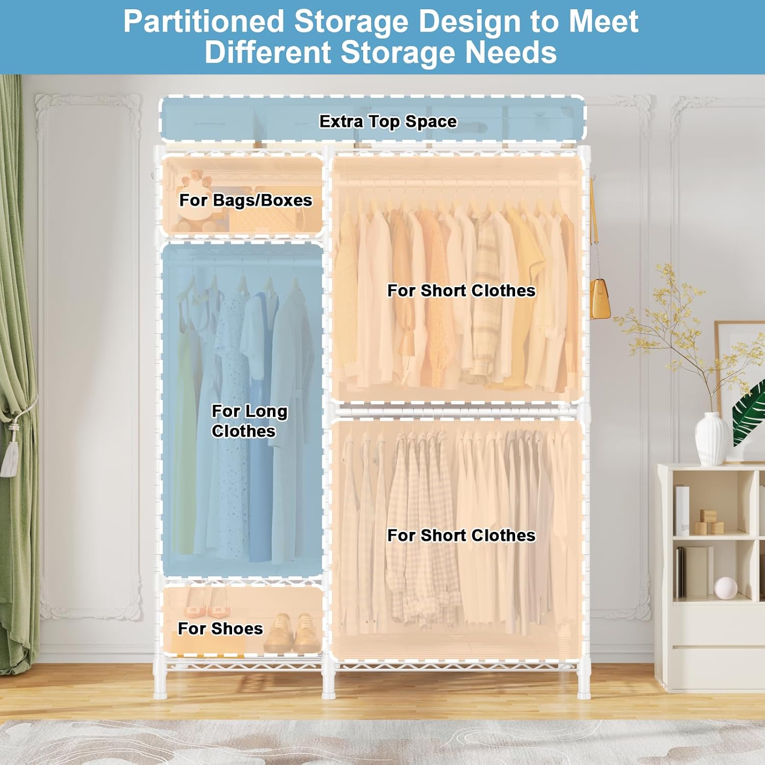 Ulif F7 Medium Garment Rack, Heavy Duty Clothes Rack, Clothing Racks for Hanging Clothes, 6-Tiers Freestanding Portable Closet Storage Rack 45'' W × 14.6'' D × 76.6'' H, Max Load 750 Lbs, White