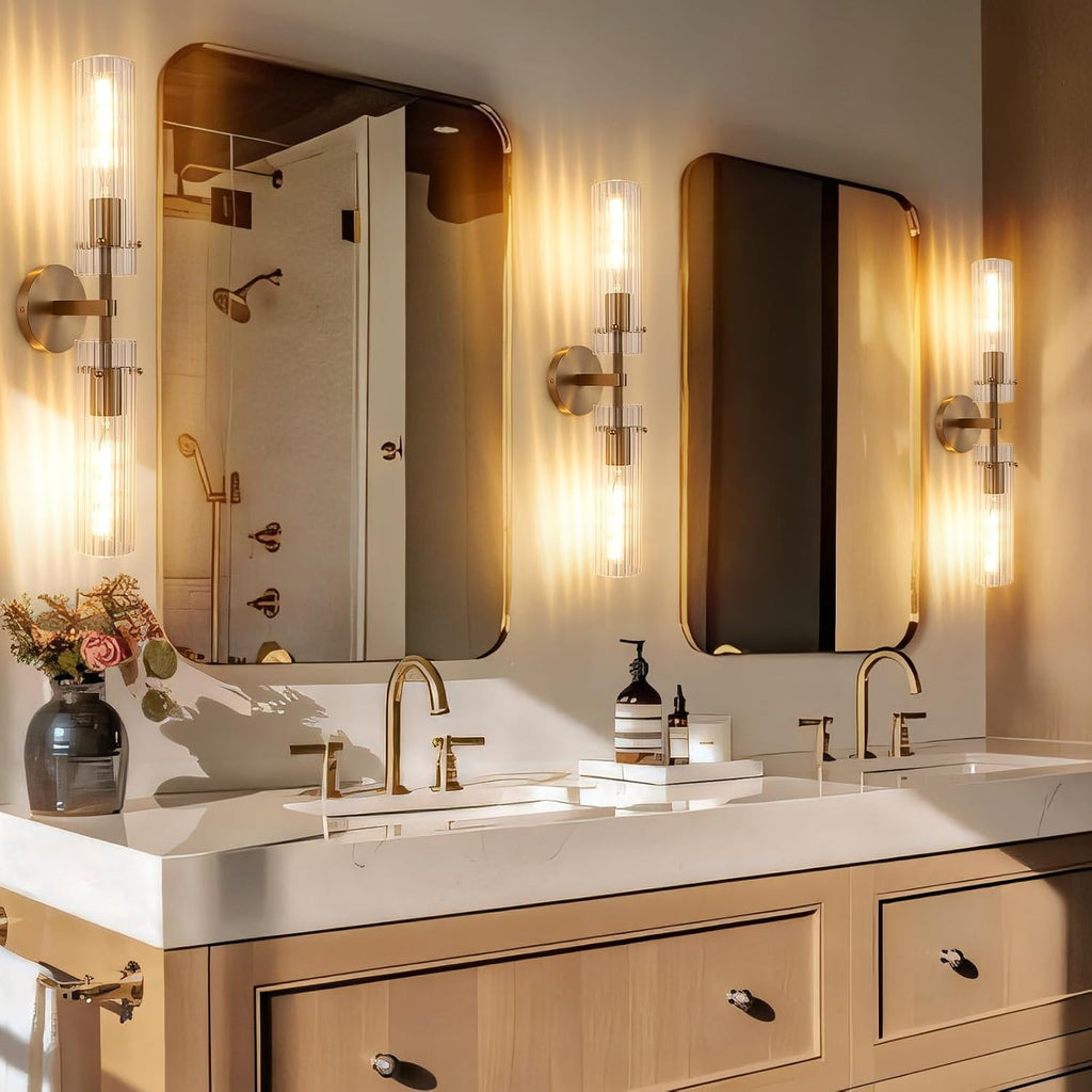 Brass Gold 2-Light Knurled Wall Sconce, Dual-Head Vanity Lamp with Vertical Striped Glass Tube, Bathroom Wall Sconces, Wall Lights for Living Room Bedroom Hallway Kitchen Bathroom Mirror