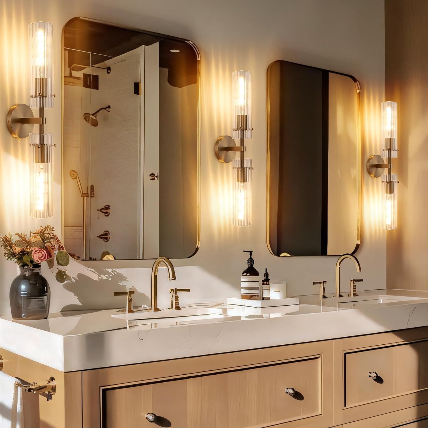 Brass Gold 2-Light Knurled Wall Sconce, Dual-Head Vanity Lamp Set of Two with Vertical Striped Glass Tube, Bathroom Wall Sconces, Wall Lights for Living Room Bedroom Hallway Kitchen Bathroom Mirror