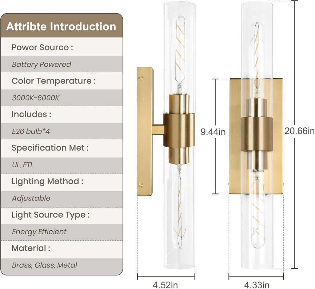 Battery Operated Wall Sconce Set of Two, Rechargeable Wall Sconce, Gold Wall Lamp with Remote Controls, Indoor Non-Hardwired Bedside Wall Sconces, Gold Vanity Light for Bedroom, Hallway, etc