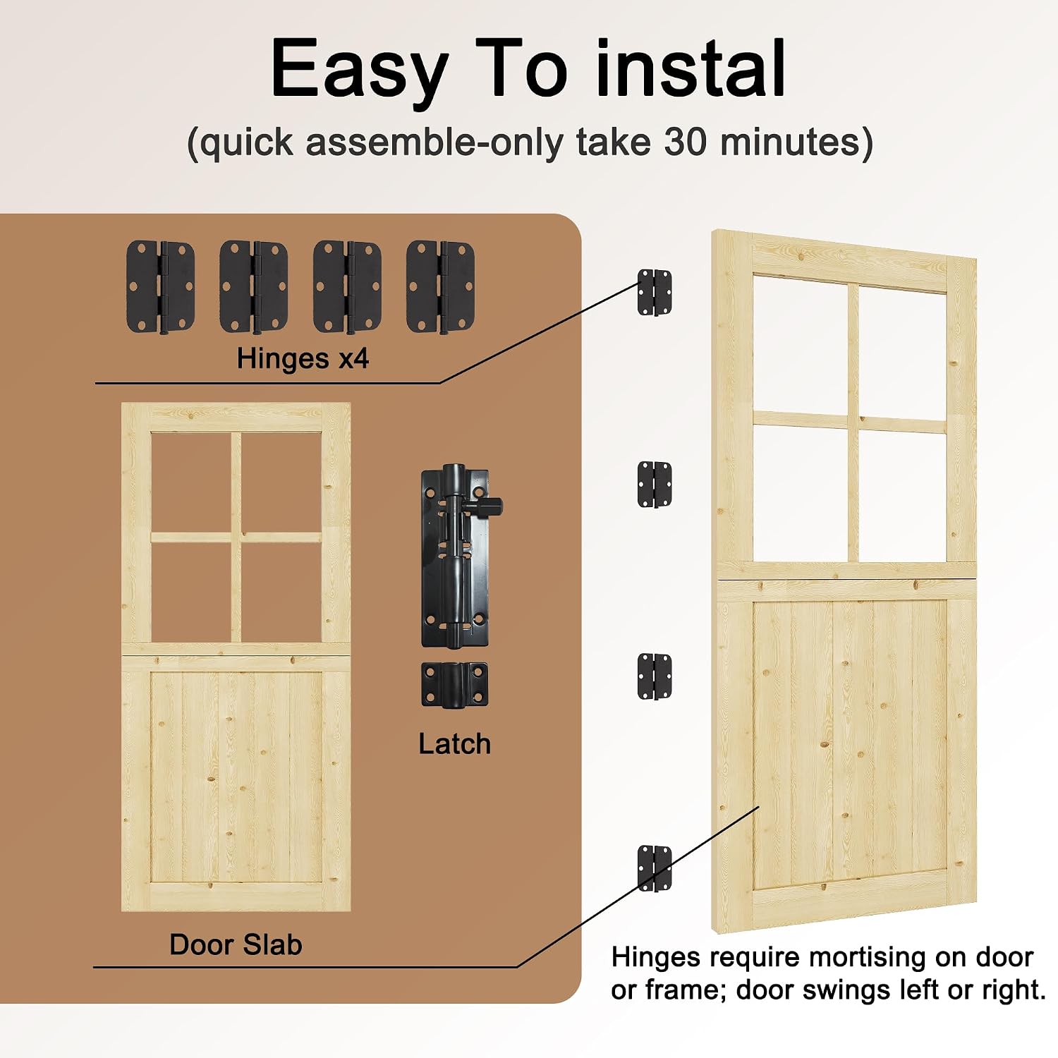 Interior & Exterior Dutch Door Slab, 30' x 80', Universal 4 Lite Tempered Clear Glass Split Single Door, Solid Core Home Door, Natural Pine Wood - with 4 Hinges & 1 Latch, Without Jamb