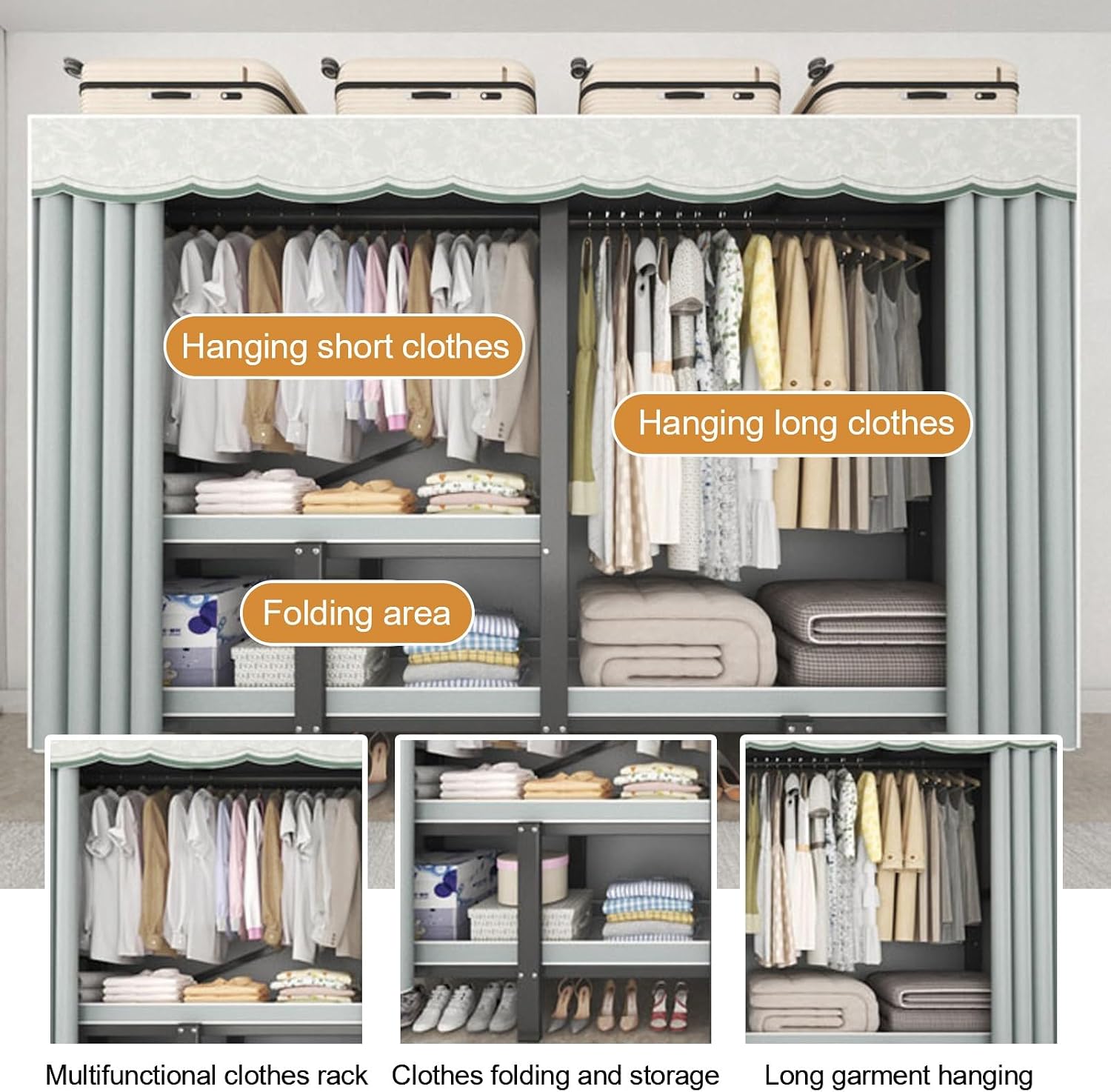Heavy-Duty Portable Closet with Cover, 1200lbs Capacity, Foldable Garment Rack, for Hanging Clothes, Suitable for Bedroom Closets(220cm/86in)