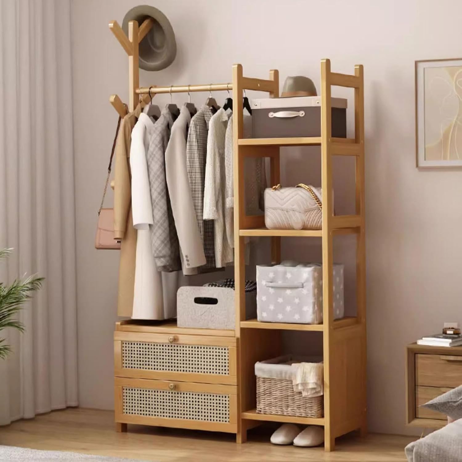Bamboo Garment Rack Clothes Hat Rack with Storage Shelf, Hanging Rail and 2 Tier Storage Cabinet, Open Wardrobe Hanging Rail Coat Stands for Bedroom Living Room Hallway