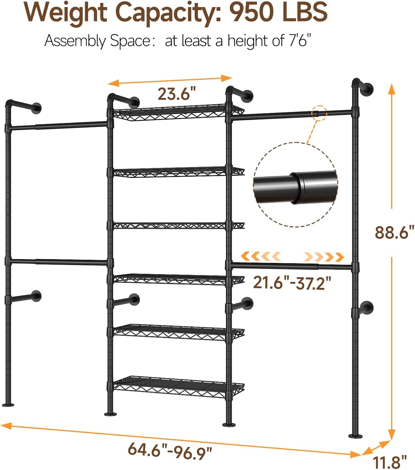 ONBRILL H3 Expandable Wall Mounted Closet System, 5.4FT-8.1FT Closet Organizer with 4 Telescopic Rods & 6 Wire Shelves, Industrial Pipe Clothing Rack for Walk-in & Reach-in Closet (Black)