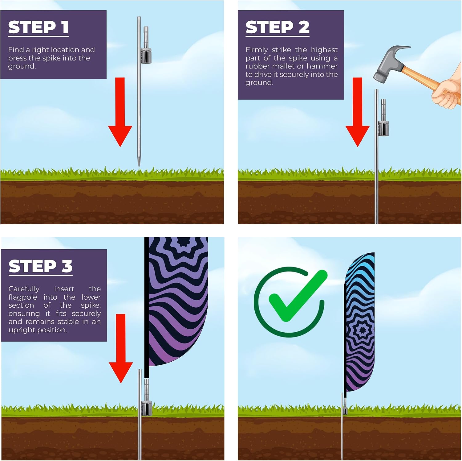 DreamController 19.5-inch Ground Stake - Stainless Steel Spike with Sleeve Bearing Compatible with Flutter Banner Flag Poles (0.65' Inner Diameter) – Stake Only