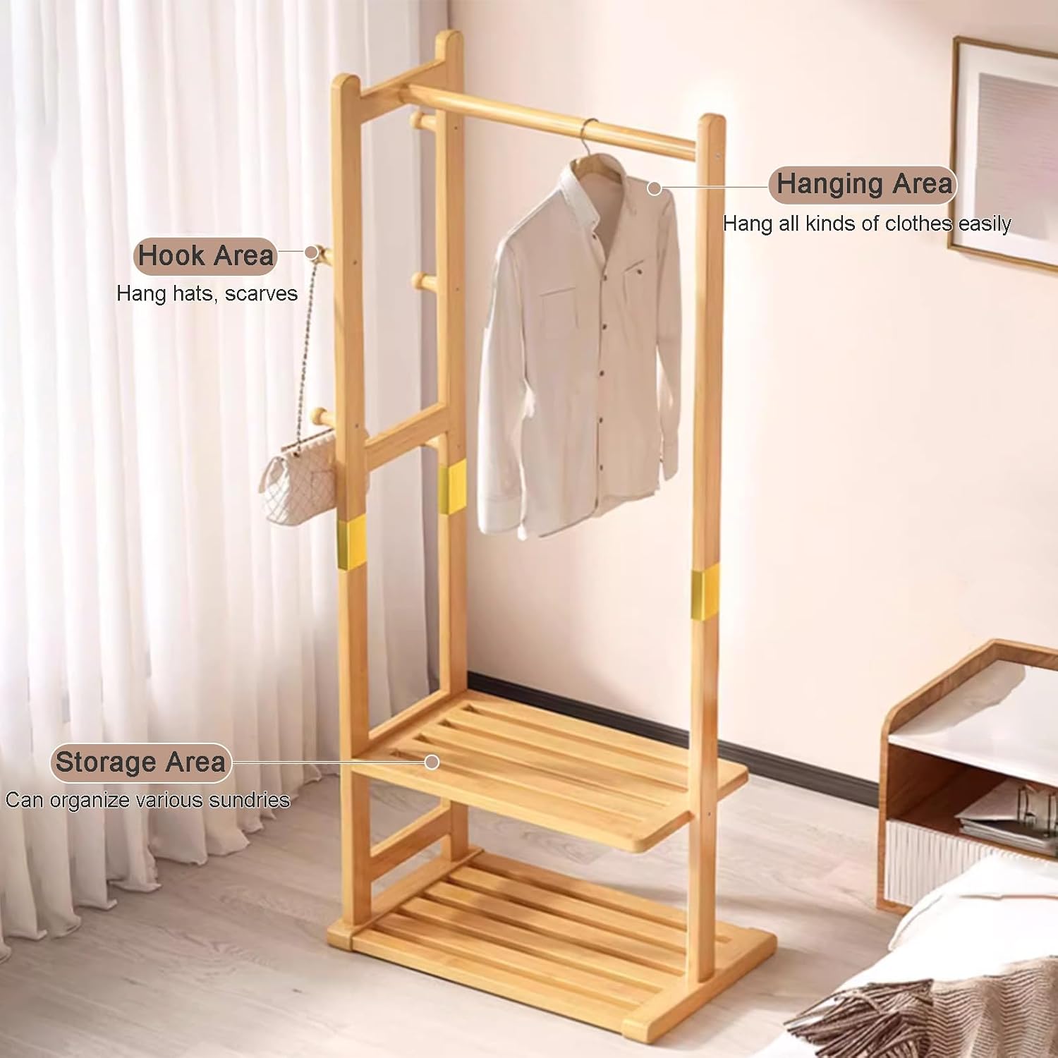 Bamboo Garment Rack with Side Hooks 2 Tier Storage Shelves Heavy Duty Clothes Display Stand Portable Wardrobe Closet Organizer for Hanging Clothes and Accessories,Wood Color-100 x 30 x 165 cm