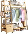 Bamboo Clothes Rack - Garment Coat Rack with 2 Drawers, Free Standing Closet Organizer for Bedroom, Living Room, Hall, Storage Shelf for Hanging Clothes, Jackets