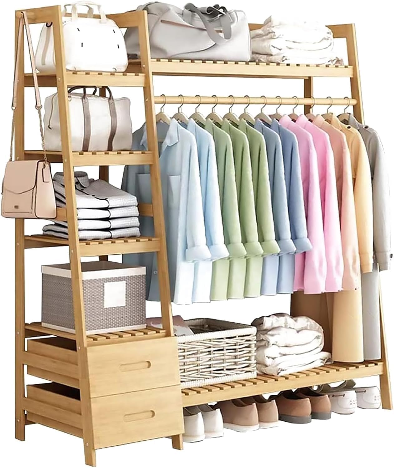 Bamboo Clothes Rack - Garment Coat Rack with 2 Drawers, Free Standing Closet Organizer for Bedroom, Living Room, Hall, Storage Shelf for Hanging Clothes, Jackets