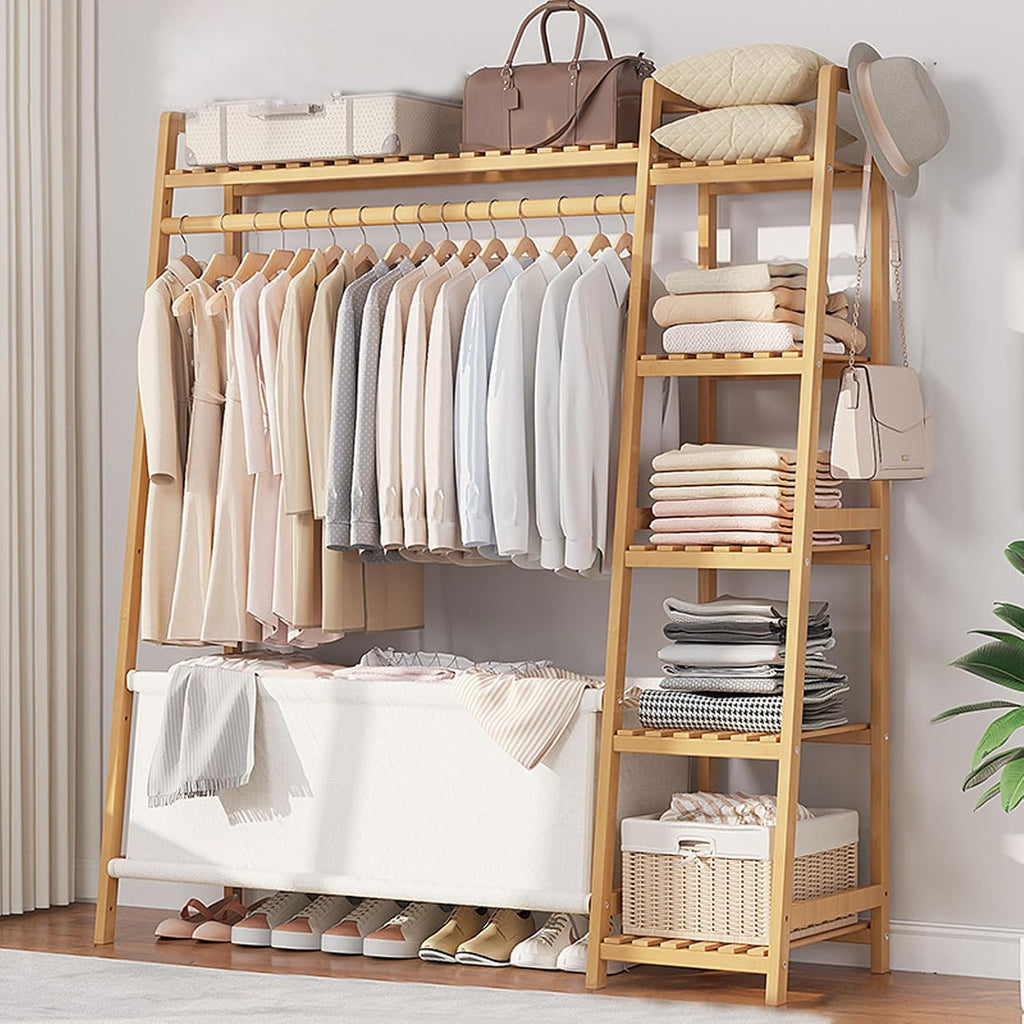 Free Standing Clothing Hanging Stand Bamboo Garment Rack with Storage Shelf, Hanging Rail and Side Hooks, Open Wardrobe Closet Tidy Rail for Clothes Hats Bags