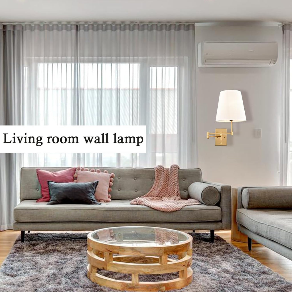 HYDELITE Gold Swing Arm Wall Lamp Brass Wall Sconces with Linen Shade | Plug-in or Hardwired Wall Light Fixtures Bedroom Bedside, House Reading, Living Room, Home Hallway, Dinning Set of 2