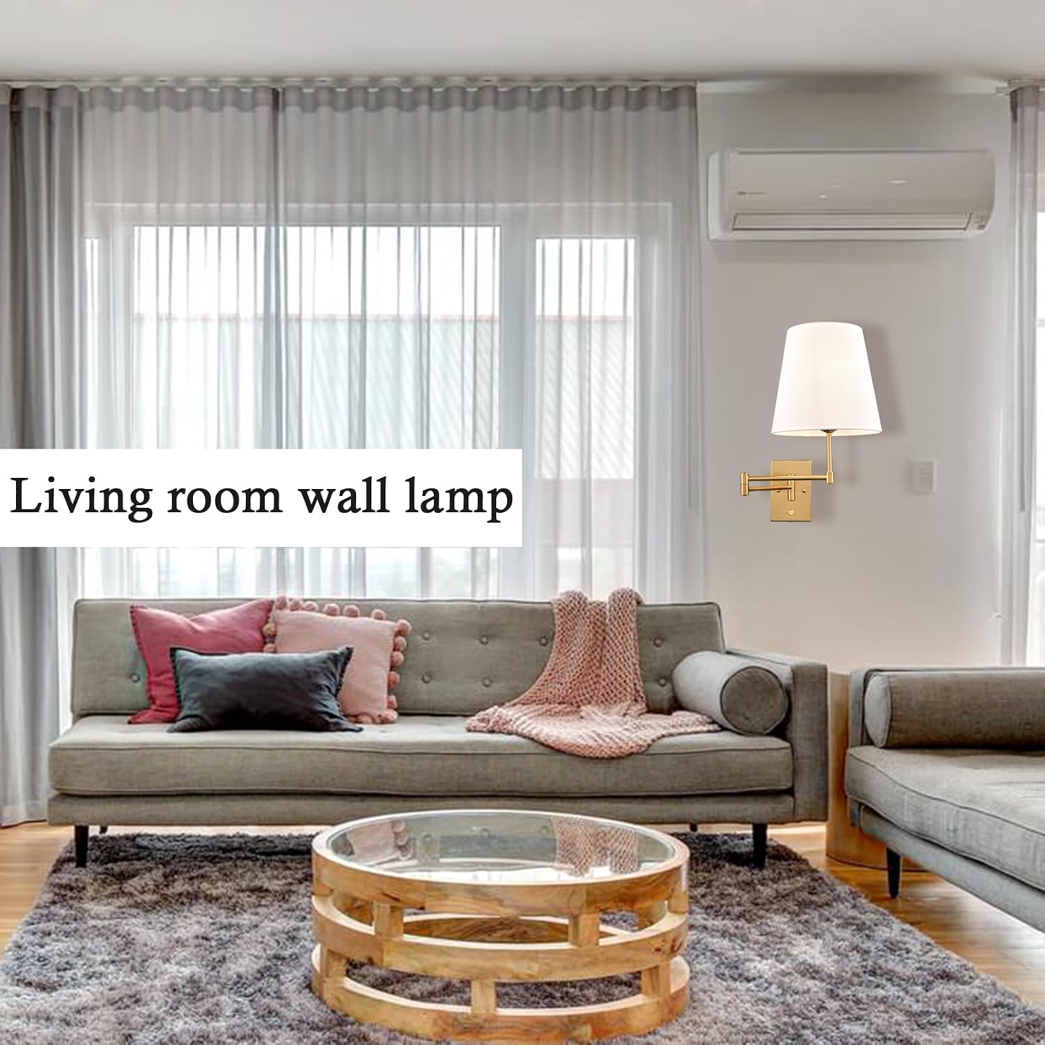 HYDELITE Gold Swing Arm Wall Lamp Brass Wall Sconces with Linen Shade | Plug-in or Hardwired Wall Light Fixtures Bedroom Bedside, House Reading, Living Room, Home Hallway, Dinning Set of 2