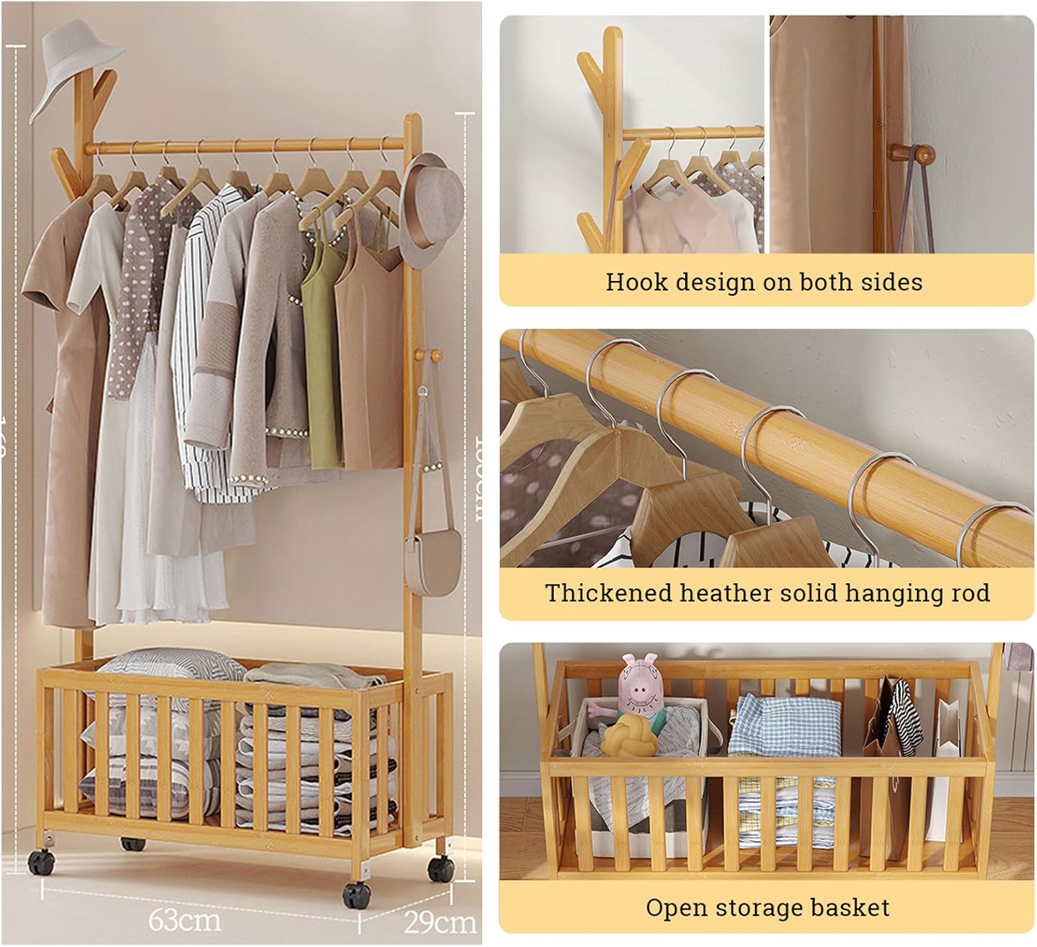 Clothes Stand Garment Rack with Casters, Bamboo Open Wardrobe with Hollow Storage Basket, Clothes Hanging Tidy Rail Shoe Rack for Clothes Hats Bags