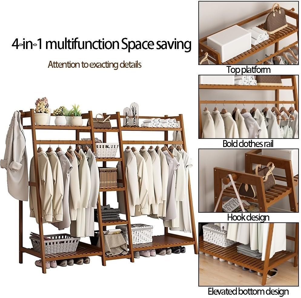 Bamboo Clothes Rack Stand with Hanging Rod Freestanding Coat Garment nizer for Bedroom and Hallway Trapezoid Structure Clothing Hanger Storage Solution