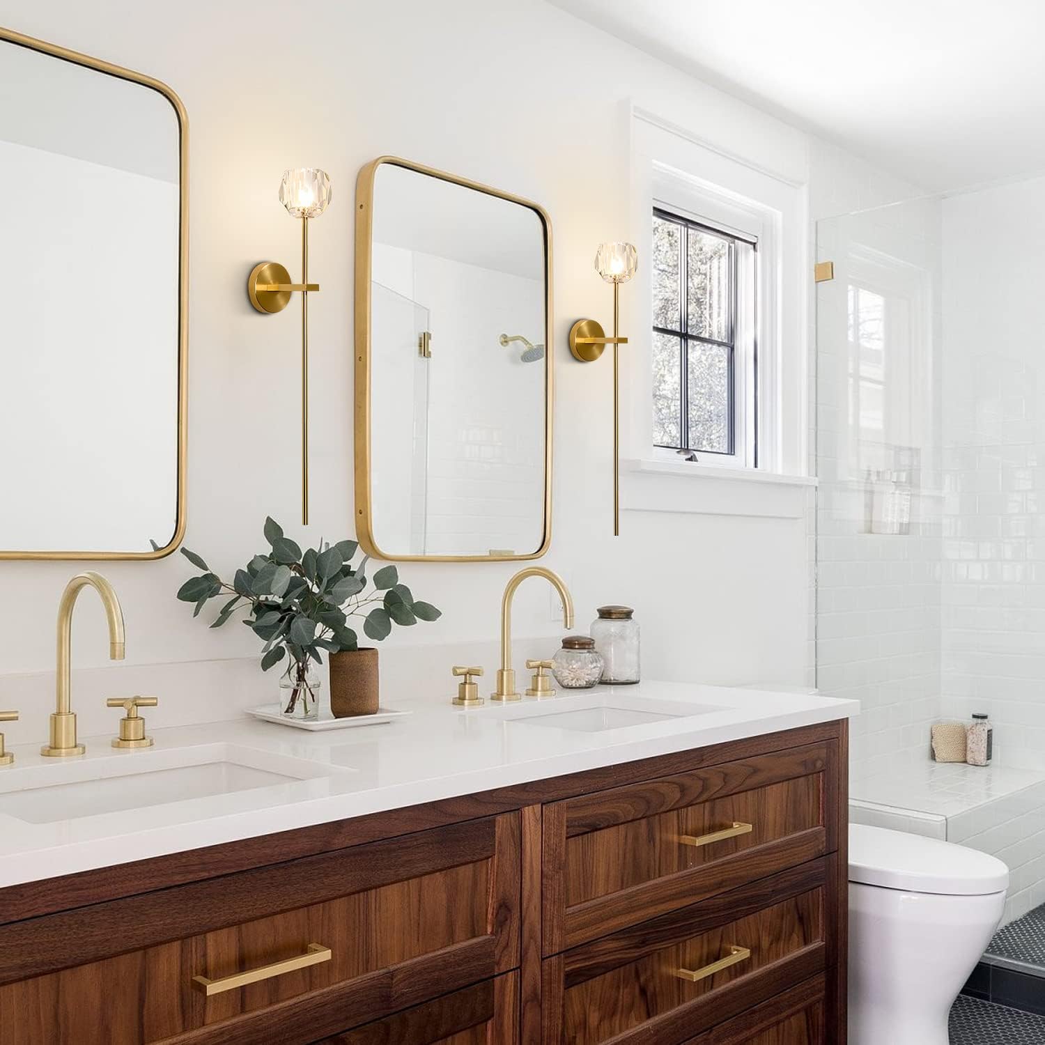 BOKT Mid Century Modern Gold Crystal Wall Sconce Set of Two Brushed Brass Gold Long Wall Sconce Lighting Set of 2 Vintage Clear Glass Hard-Wired Wall Lamp for Bedroom Bedside Living Room