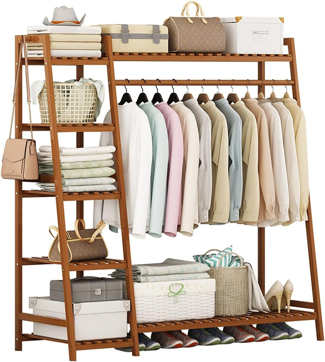 Coat Rack, Strong Bamboo Clothing Garment Rack With 7 Tier Shelves Solid Wood Hanging Clothes Rack Free-Standing Multifunctional Clothing Rack Ladder Design, 80*40*140cm