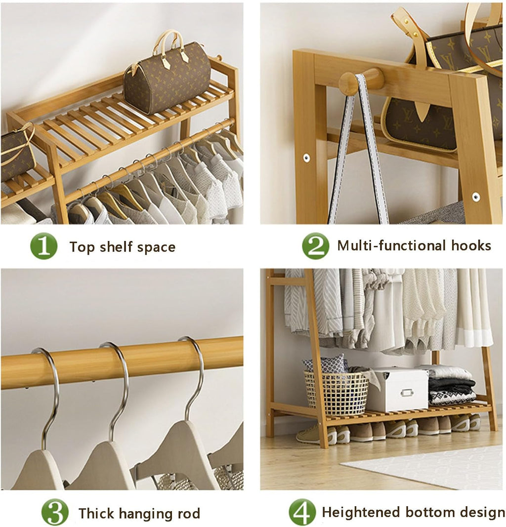 Bamboo Trapezoid Clothing Rack, Garment Rack with 5-Tier Storage Shelves Multi-Functional Clothes Hanging Rack Stand for Bedroom Living Room, Natural