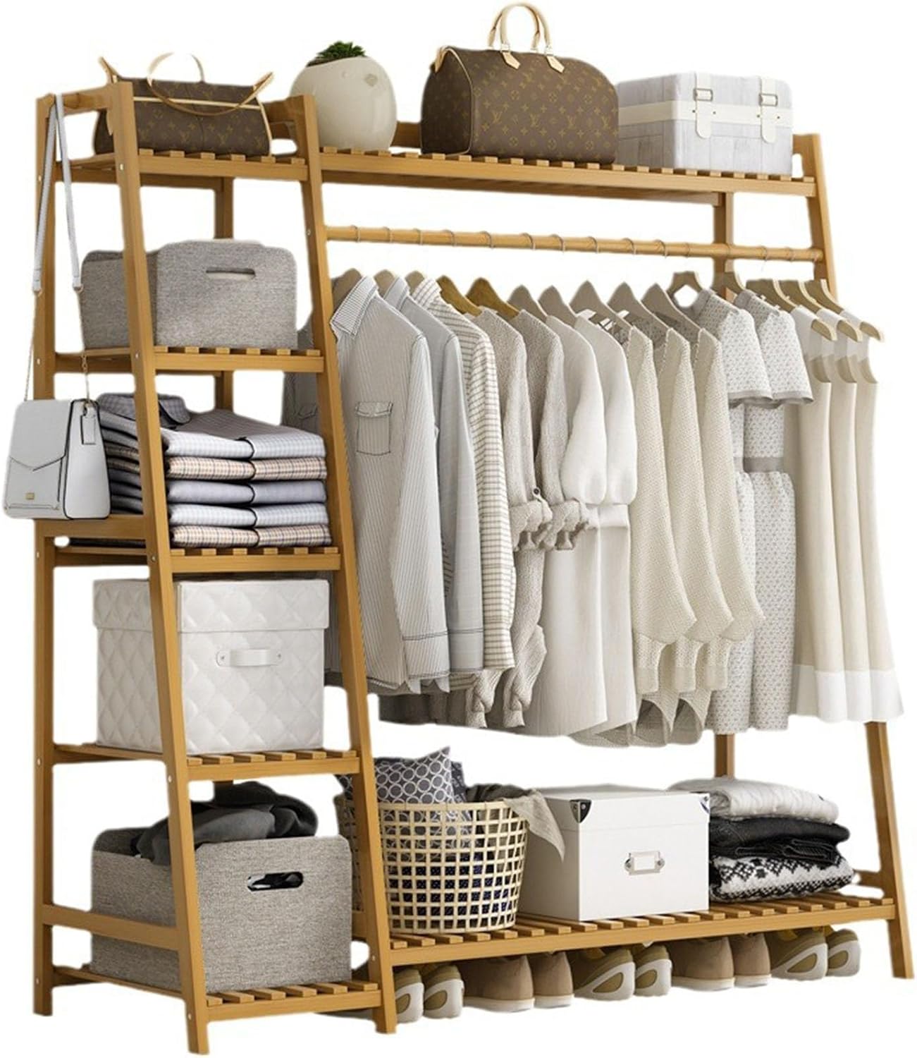 Bamboo Trapezoid Clothing Rack, Garment Rack with 5-Tier Storage Shelves Multi-Functional Clothes Hanging Rack Stand for Bedroom Living Room, Natural