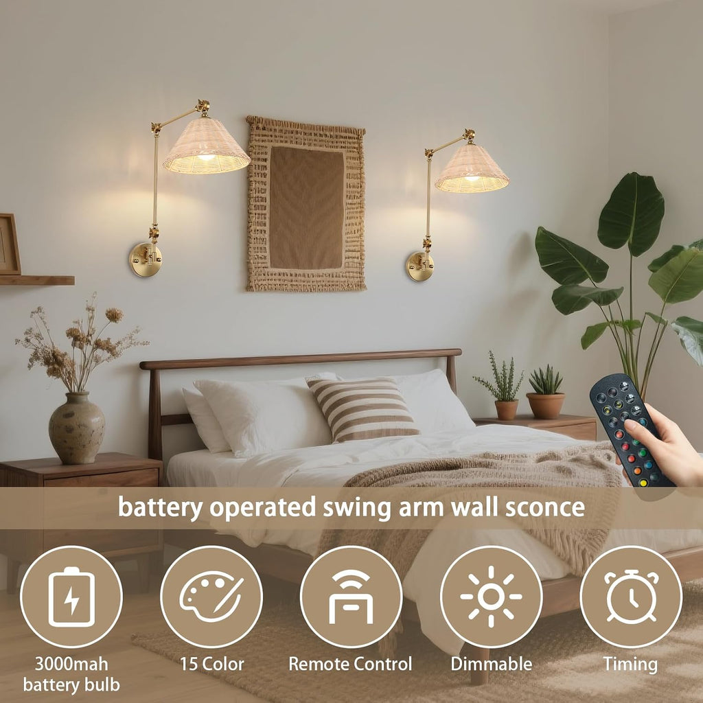 Bamboo Battery Operated Wall Sconce Set of 2, Rattan Swing Arm Wall Lamp, Gold Vintage Bedside Light Fixture, Hand Woven Boho Wall Mounted Lighting Fixture for Bedroom, Living Room