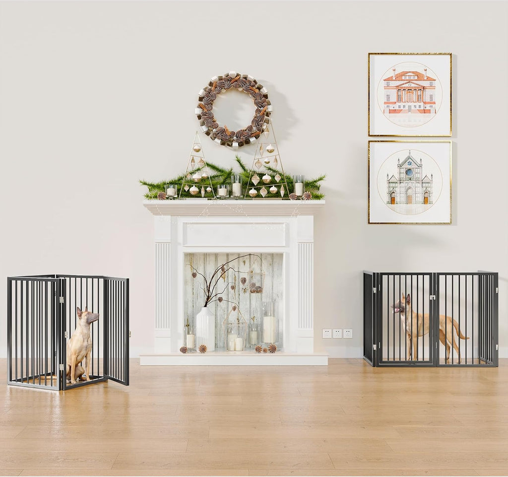 Vantas Folding No-Assembly Metal Pet Gate 80' Wide, 32' Extra Tall Dog Gate with Door Walk Through, Freestanding Accordion Puppy Gate Dog Door for Indoor & Outdoor, with 2PCS Support - Black