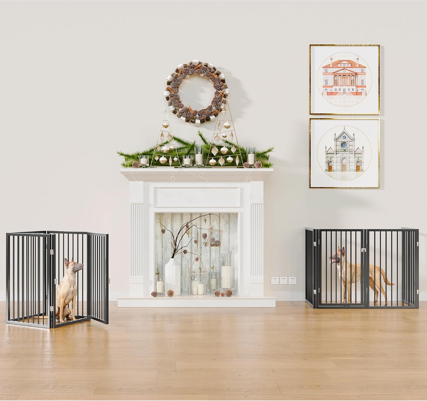 Vantas Folding No-Assembly Metal Pet Gate 80' Wide, 32' Extra Tall Dog Gate with Door Walk Through, Freestanding Accordion Puppy Gate Dog Door for Indoor & Outdoor, with 2PCS Support - Black