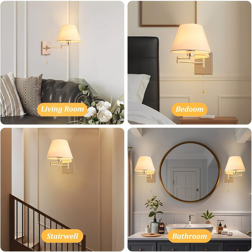 Swing Arm Wall Sconces Set of 2, Indoor Wall Lamp with White Beige Shade Reading Wall Light Fixture with On/Off Switch for Living Room Doorway Study Room Bedroom Bedside