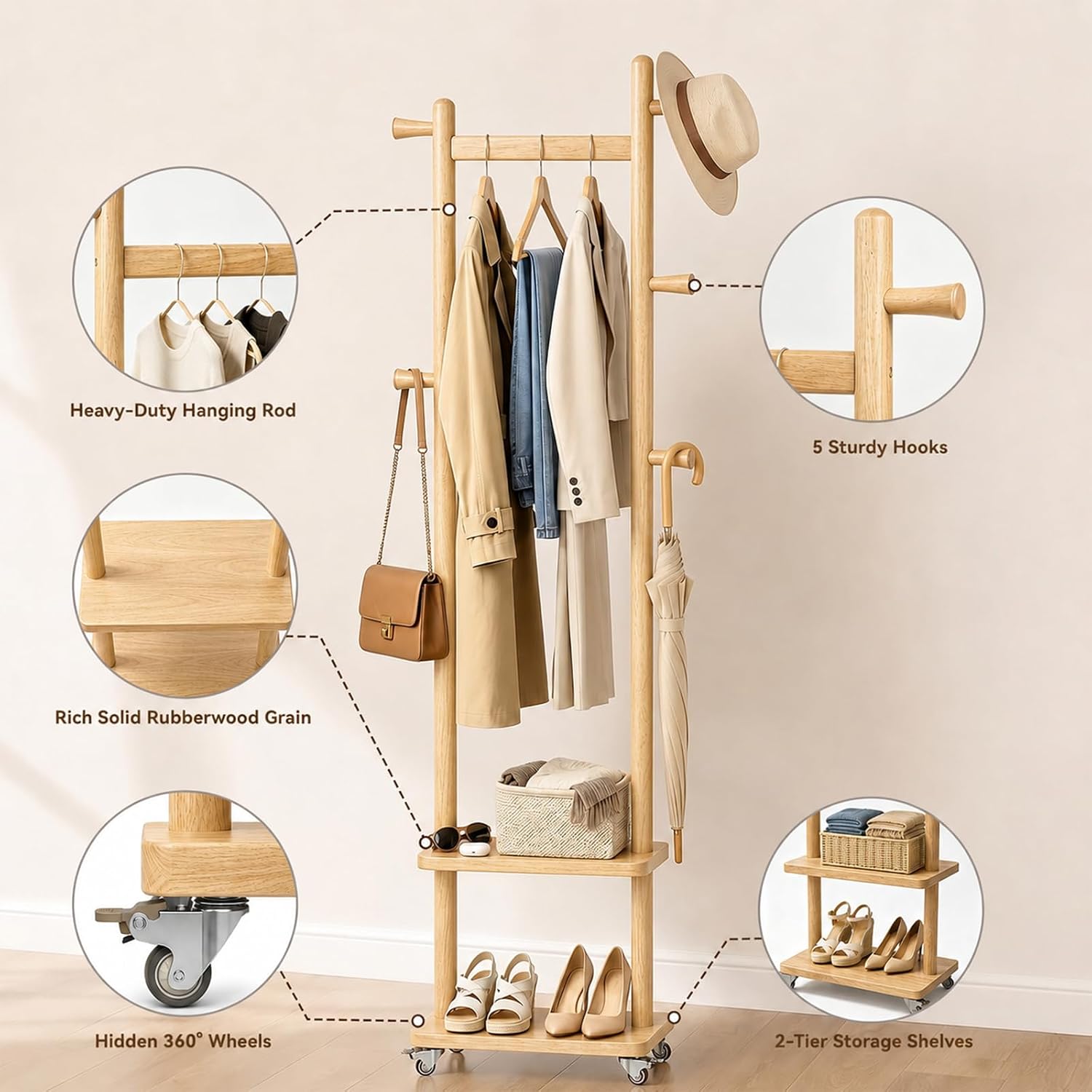 Solid Wood Coat Rack Freestanding Clothing Rack with Wheels & 2 Shelves Storage & 5 Hooks Heavy Duty Clothes Rack Wood Coat Tree Stand Hat Hanger Rack for Corner Bedroom Entryway Living Room Hotel