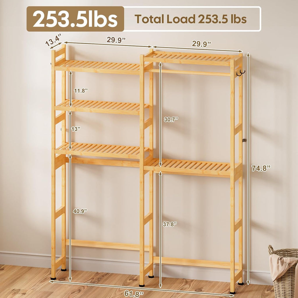 Cozivolife Over The Washer and Dryer Storage Shelf Bamboo,5 Tiers Laundry Room Drying Rack with Adjustable Shelves and 4 Hooks,Space Saver Organizer for Hanging Clothes and Towels (Natural)