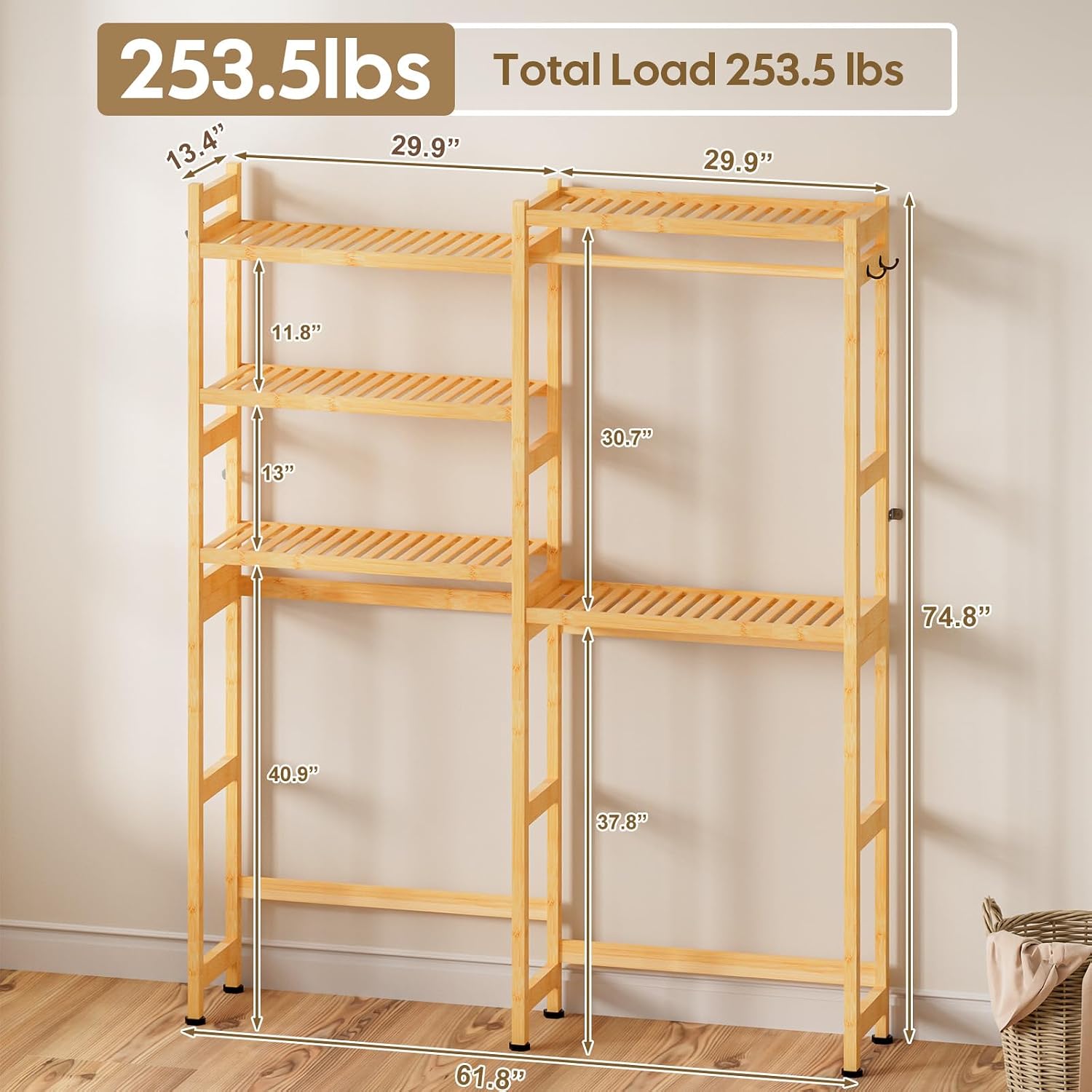 Cozivolife Over The Washer and Dryer Storage Shelf Bamboo,5 Tiers Laundry Room Drying Rack with Adjustable Shelves and 4 Hooks,Space Saver Organizer for Hanging Clothes and Towels (Natural)
