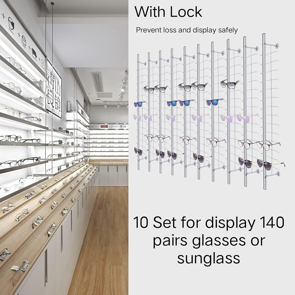 (with Lock)10 Set Retail Display for 140 Sunglass Glasses, Sunglasses Holder Rack, Sunglass Display Stan, Wall Eyewear Holder Eyeglass Rack Sunglass Organizer Eyeglasses Storage