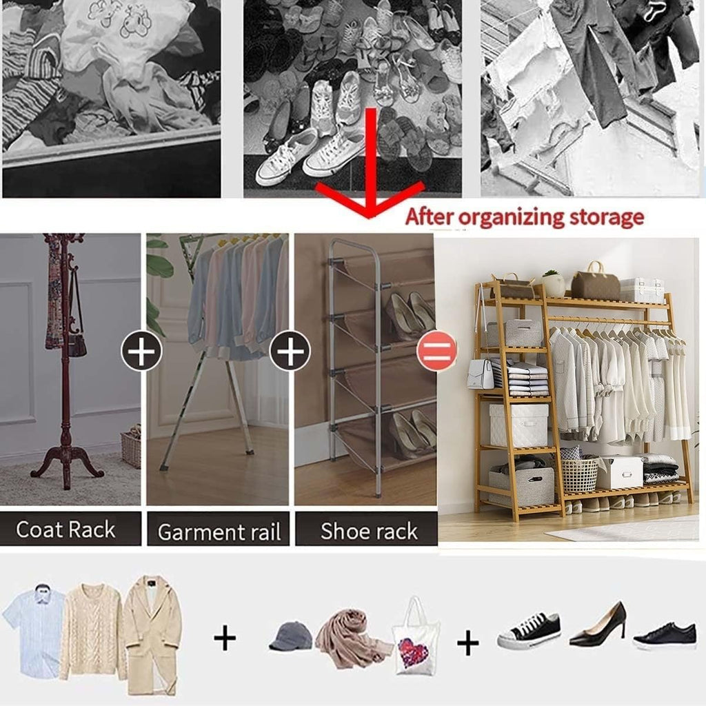 Heavy Duty Clothes Hanging Rack, Bamboo Garment Rack, 7-Tier Storage Shelves, Bedroom Wardrobe Closet Organizer