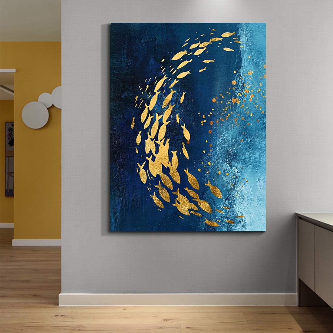 Denzoer Blue Ocean and shoal of Fish Abstract Wall Art Modern Canvas Prints with Solid Wood Frame Wall Pictures for Home Decoration, Ready to Hang - 36x46 inches