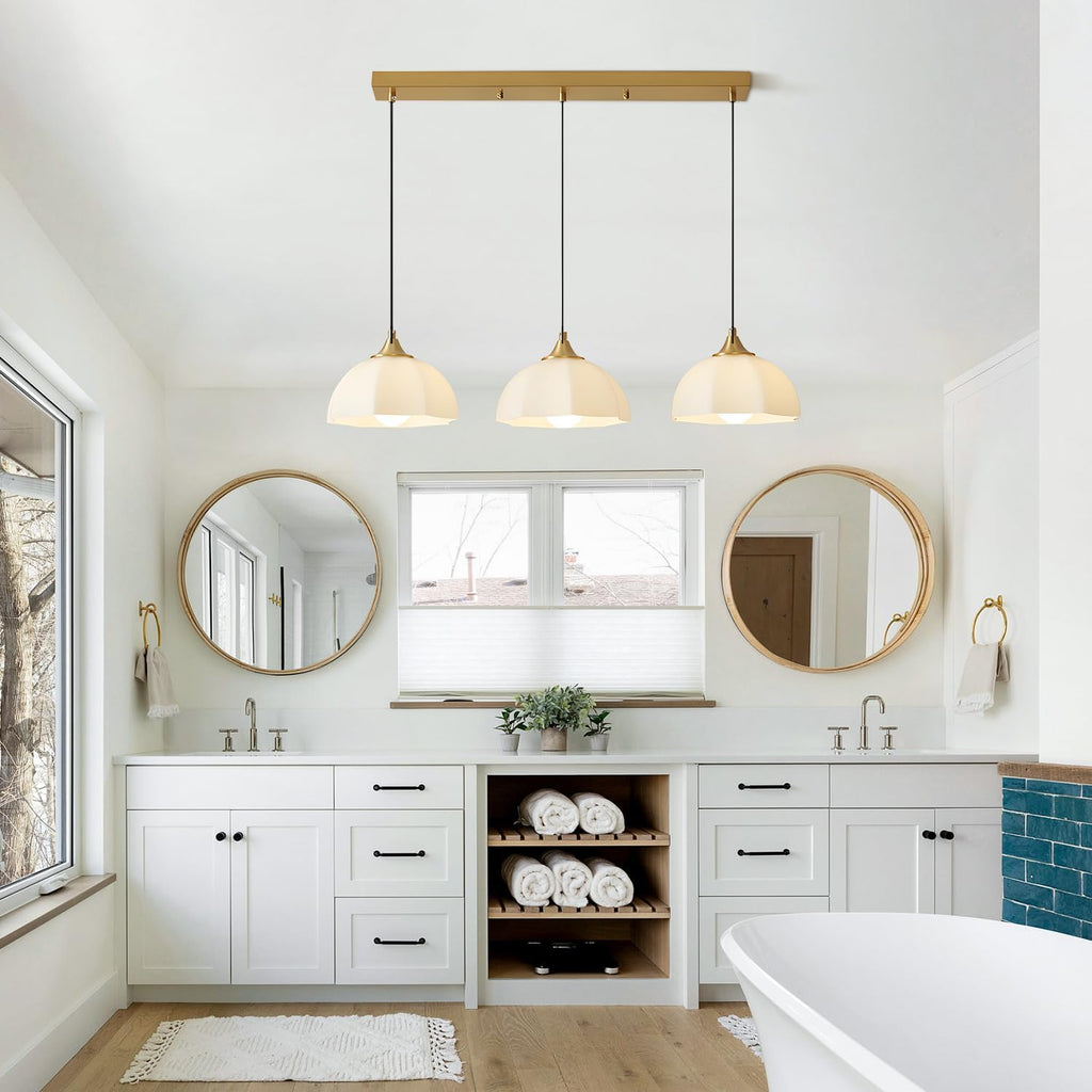 Modern 3 Light Pendant Lighting Gold Linear Dining Room Light Fixture Milk Glass Linear Chandelier Brass and White Pendant Lights Kitchen Island 3 Bulb Hanging Ceiling Light MPL17-3S GD