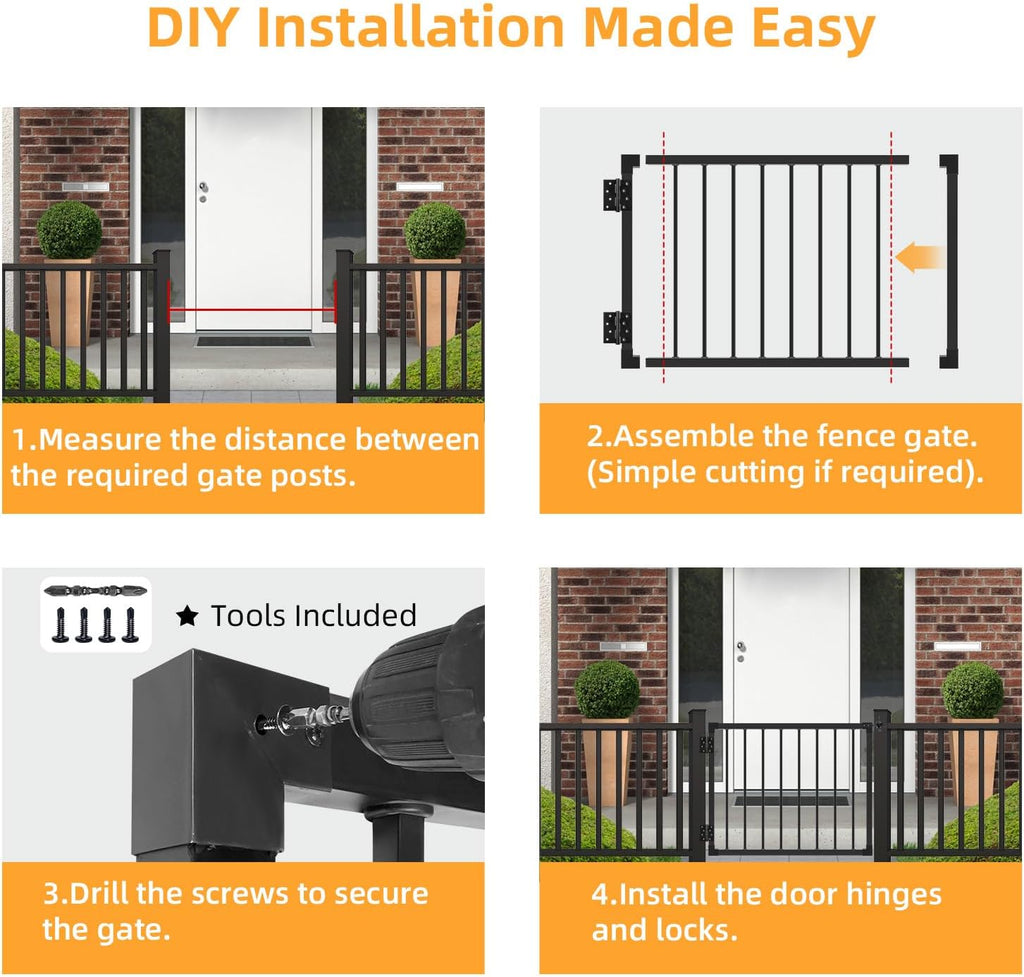 Deck Gate Outoor, 42″ Black Heavy Duty Steel Anti-Rust Fence Door with Adjustable Width (Up to 48'), Easy Installation Metal Gate for Residential, Yard, Patio, with Hinges and Latch