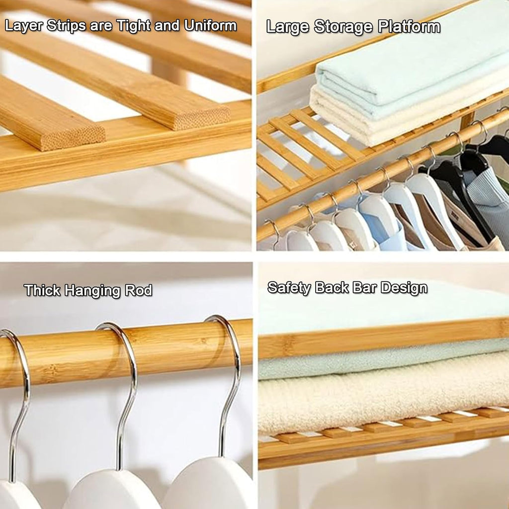 Bamboo Clothing Garment Rack, 5 Tier Clothes Storage Hanging Rack, Portable Wardrobe Closet Organizer Shoe Storage Shelves for Living Room Bedroom Hallway Entryway,B,80cm