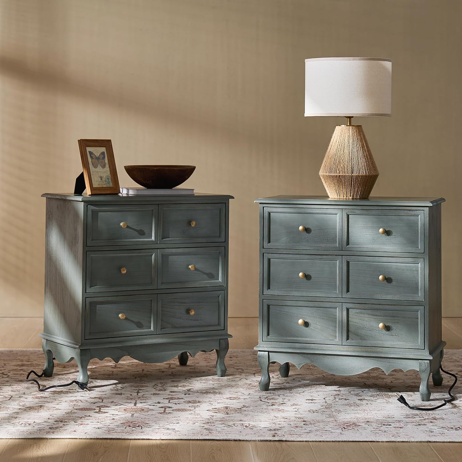 HULALA HOME 3-Drawer Nightstand with Charging Station, Farmhouse Solid Wood Nightstand Set of 2(Blue)