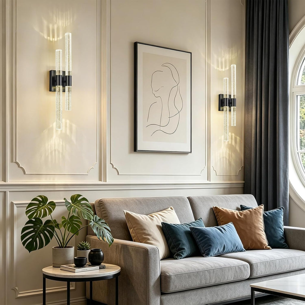 Crystal Wall Sconces Set of Two Black Wall Sconce Hardwired LED Bathroom Vanity Light Fixtures 21.25in 4000K Vertical and Horizontal Wall Mounted Sconces for Bedroom, Living Room, Hallway