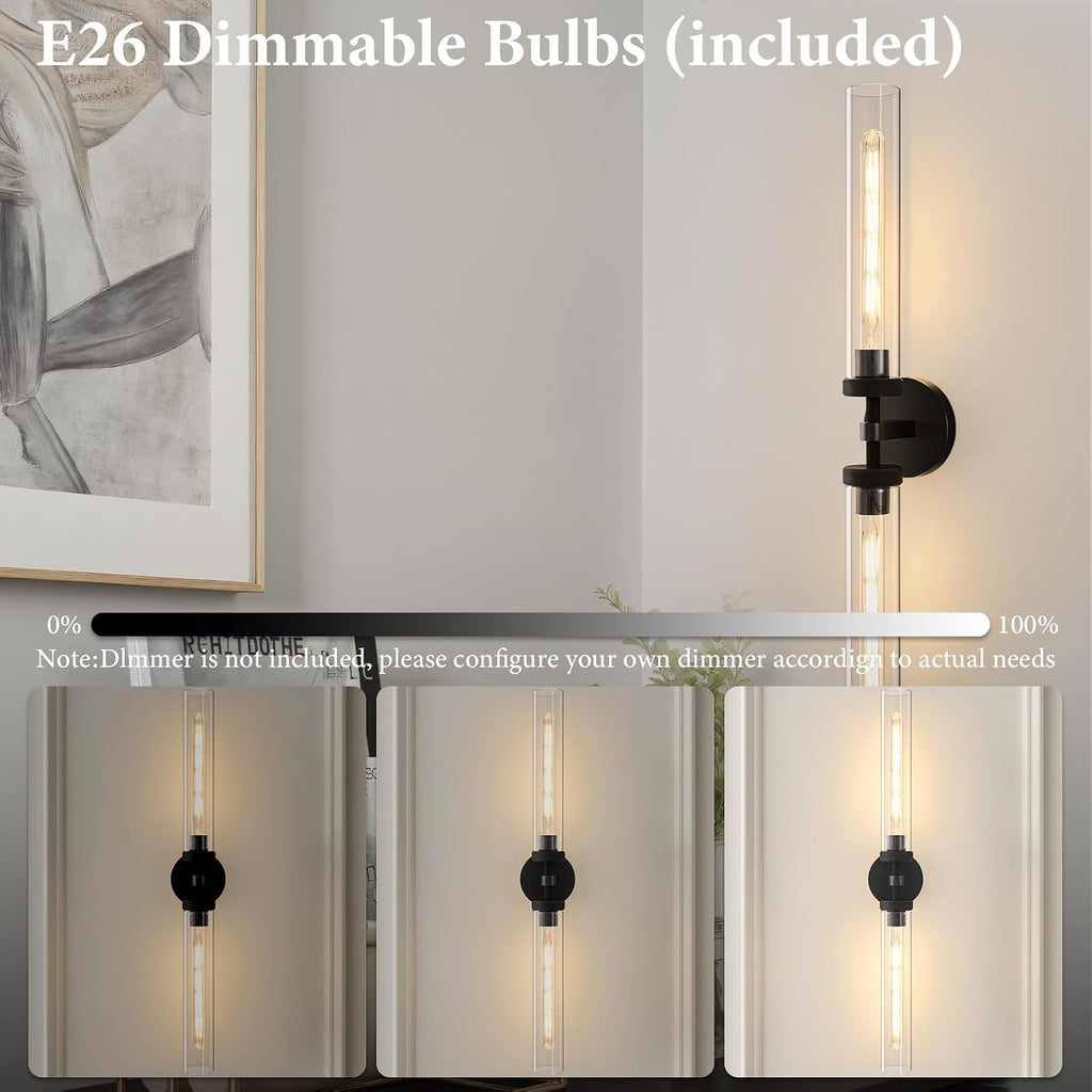 Knurled Brass Tube Wall Sconce - Luxury Modern Dimmable Sconces with Bulbs - Black Glass Vanity Light Fixture - Vertical or Horizontal Mounted Indoor Lighting for Bathroom Bedroom Living Room