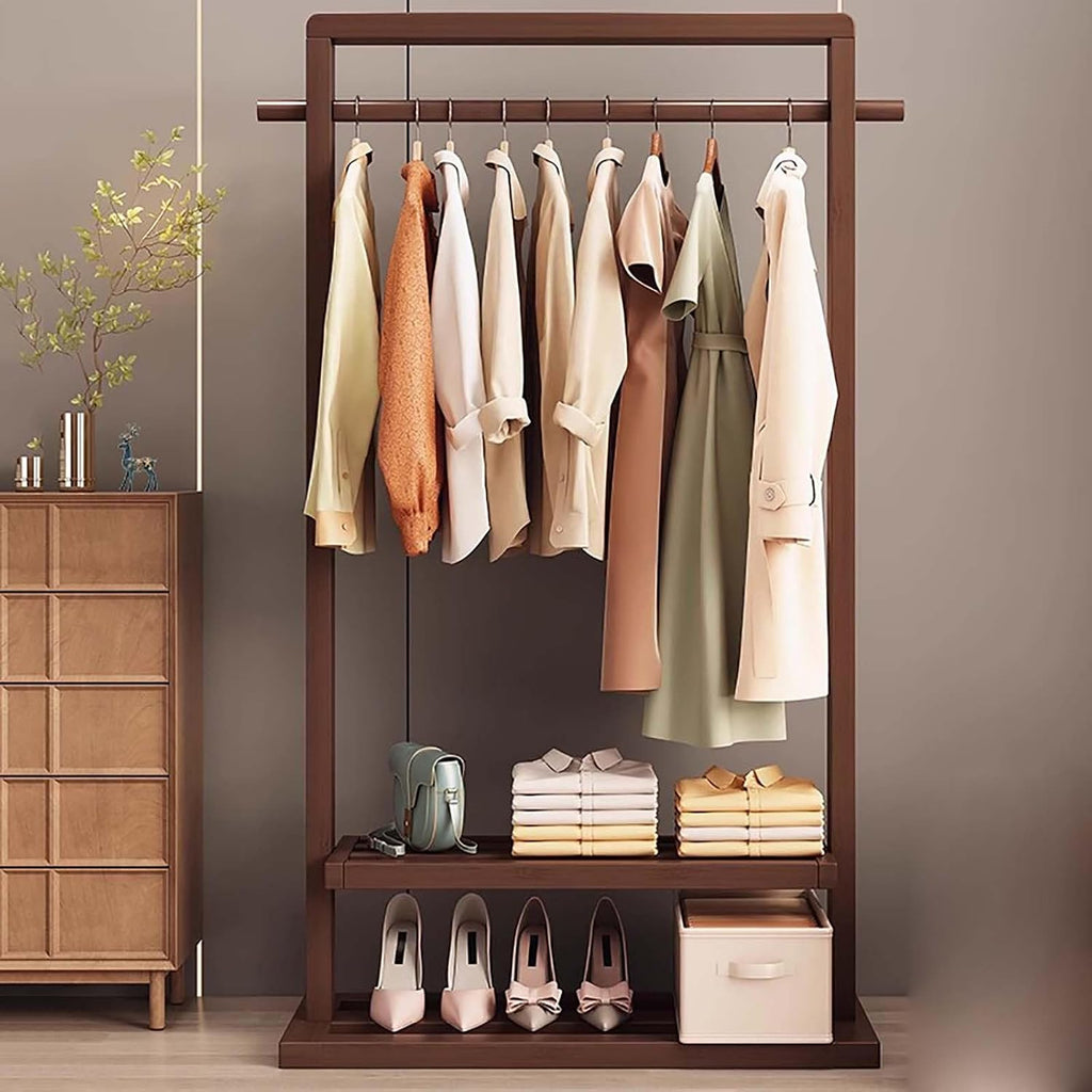 Clothes Rack, Bamboo Floor-standing Bedroom Coat Rack,Rack Heavy Duty Garment Racks For Hanging Clothes,Shoe Clothing Storage Organizer Shelves, 63 in Height(Brown,105CM/41.3IN)