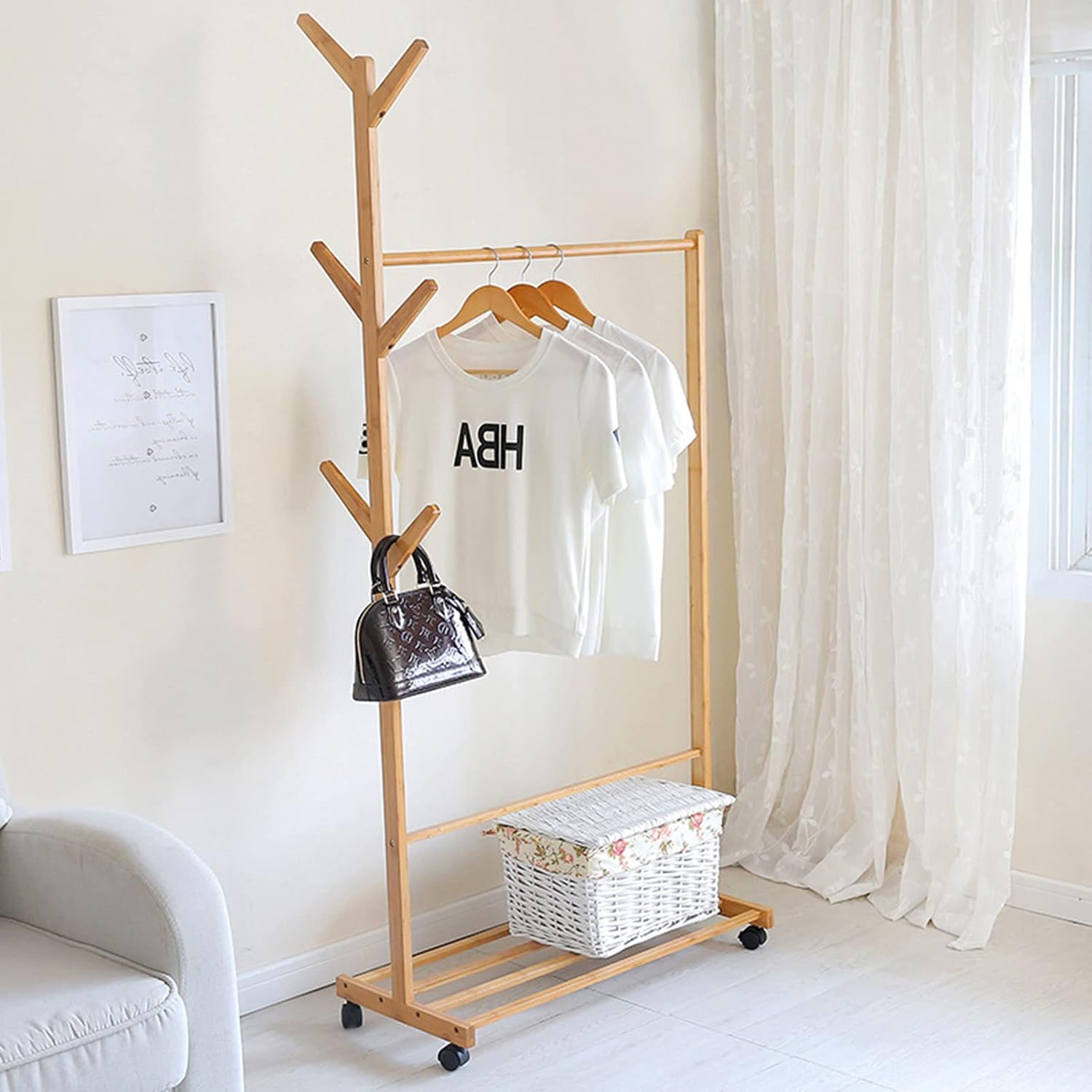Bamboo Garment Rack, Laundry Clothes Drying Rack, Coat Clothes Hanging Heavy Duty Racks With Top Shelf And Shoe Clothing Storage Organizer Shelves For Bedroom (100cm)