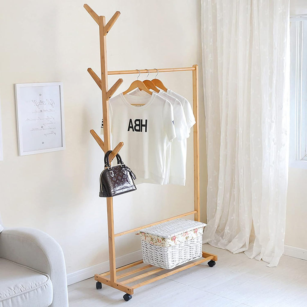 Bamboo Garment Rack, Laundry Clothes Drying Rack, Coat Clothes Hanging Heavy Duty Racks with Top Shelf and Shoe Clothing Storage Organizer Shelves for Bedroom (80cm)
