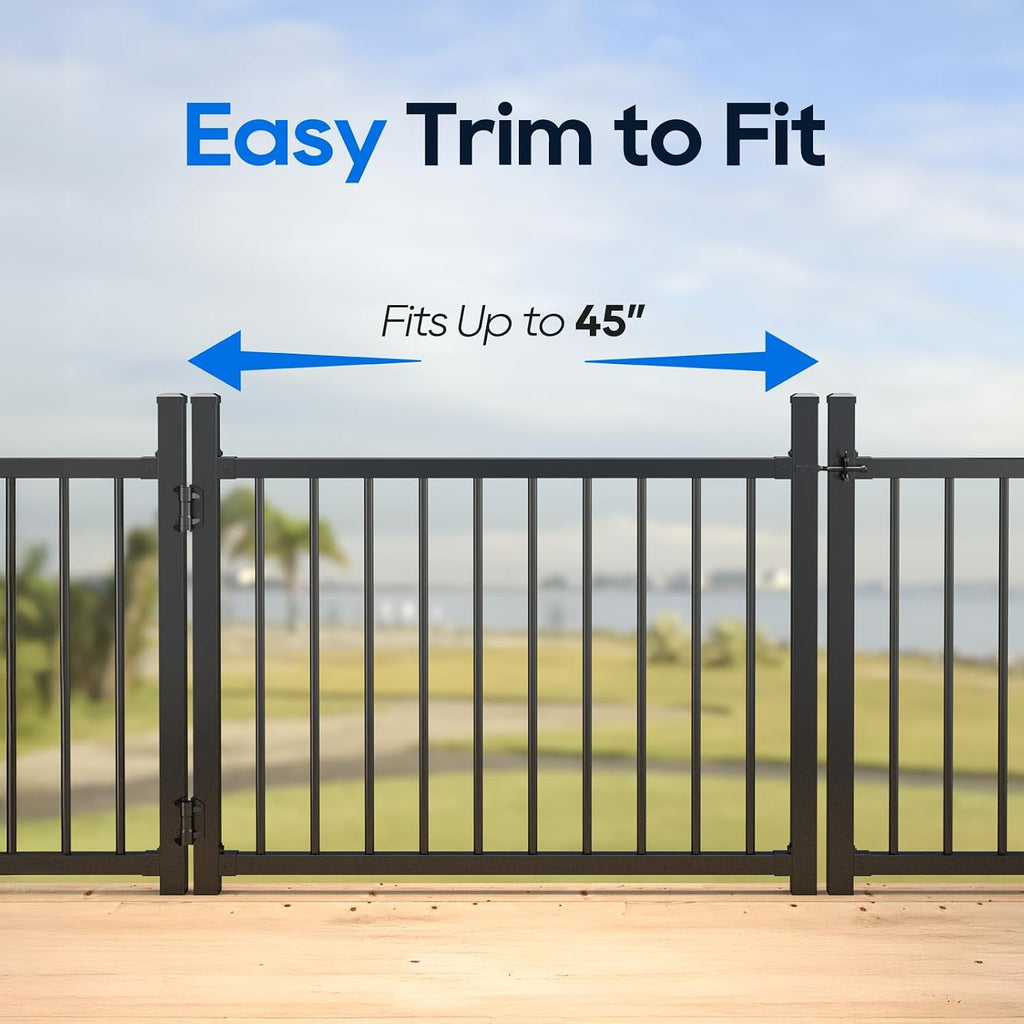 36'x45' Aluminum Gate with Self-Closing Hinges,Round Tube 3/4' pickets,DIY Adjustable Width Black Powder Coated Deck gate Kits Incl. Hinges Latch for Deck Railing Patios Gardens Indoor Outdoor