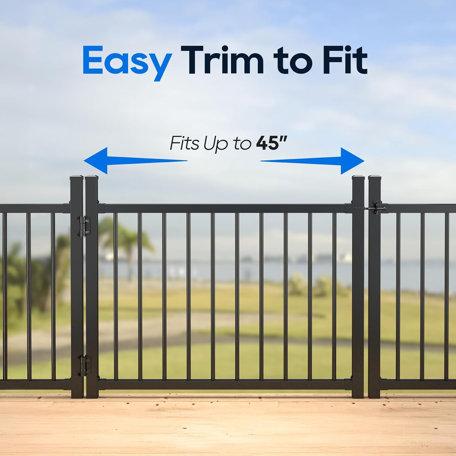 36'x45' Aluminum Gate with Self-Closing Hinges,Round Tube 3/4' pickets,DIY Adjustable Width Black Powder Coated Deck gate Kits Incl. Hinges Latch for Deck Railing Patios Gardens Indoor Outdoor