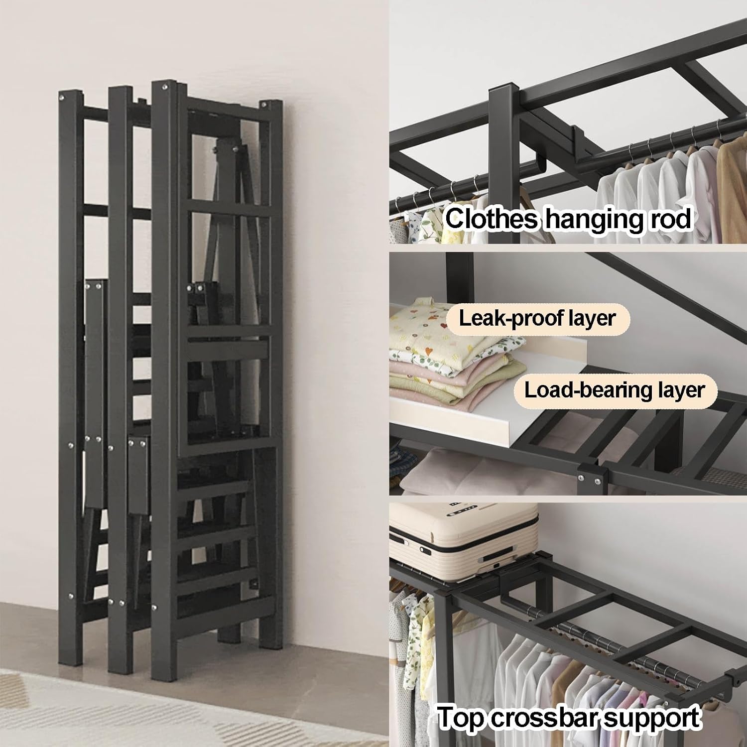 Foldable Wardrobe Closets For Hanging Clothes, Heavy Duty Garment Rack With Cover, Freestanding Covered Metal Clothes Rack, Organizer Enclosed Covered Armoires(Blue,170x50x170cm)