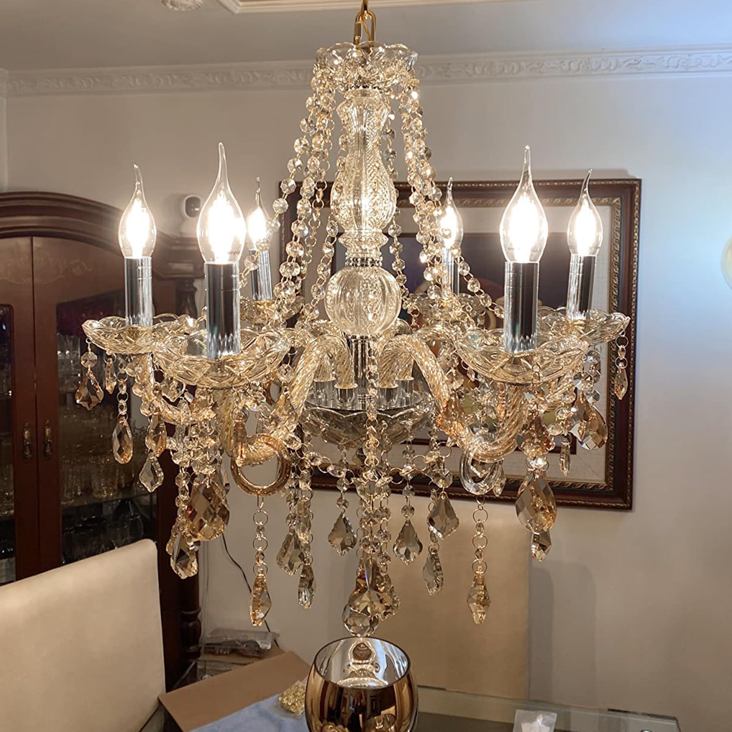 Crystal Chandeliers for Dining Room, 6-Lights Classic Cognac Pendant Light K9 Vintage Chandelier for Bedroom, Candle Ceiling Light Fixture Cognac Chandelier for Living Room Wedding Decor