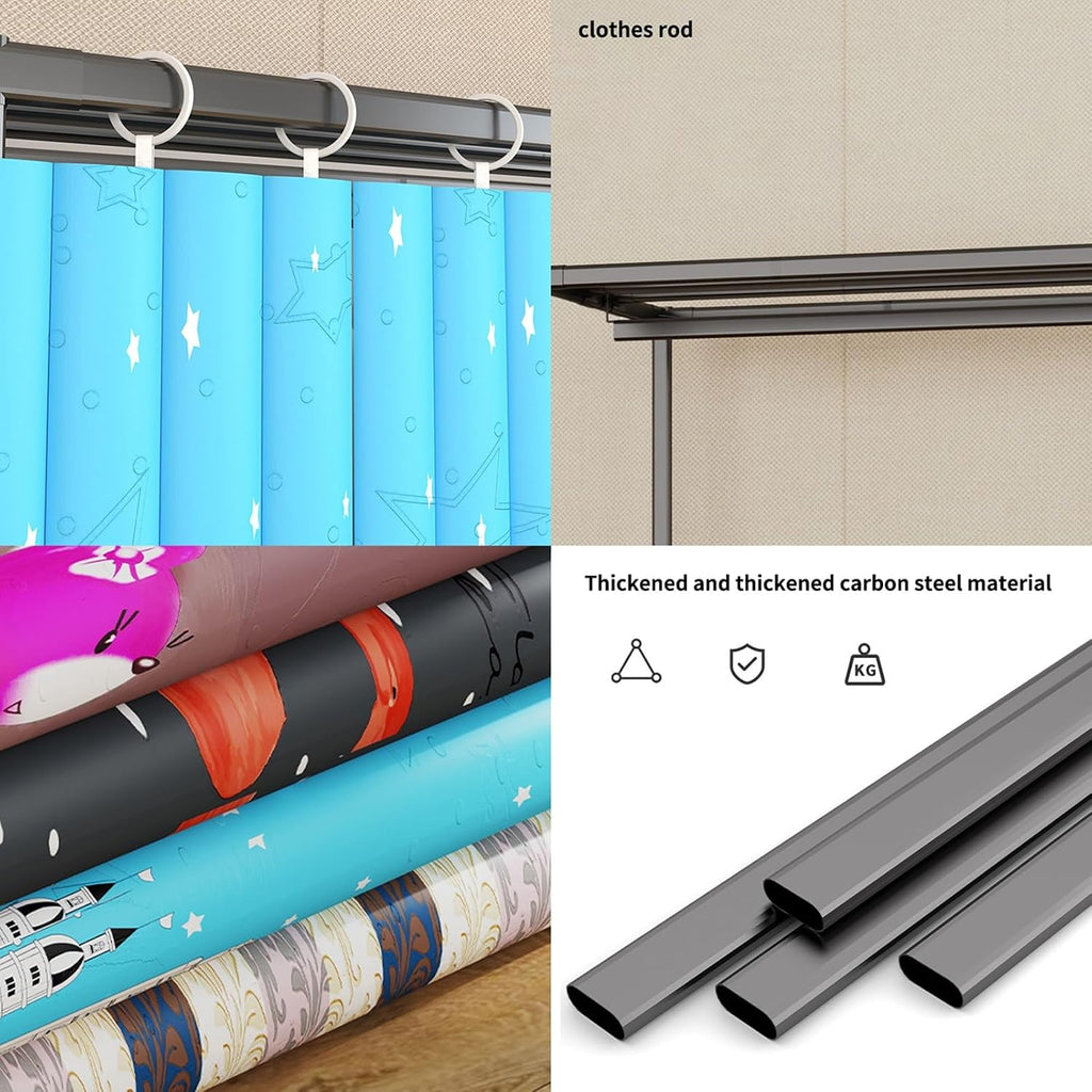 Portable Wardrobe Closet with Cover Metal Garment Rack for Hanging Clothes with 3 Hanging Rods and 4 Storage Shelves for Bedroom