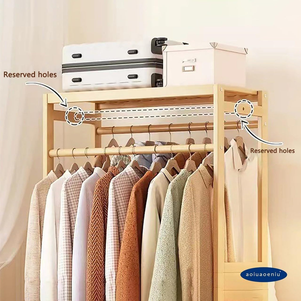 Bamboo Clothes Rail with 2 Hanging Rods and 11 Storage Shelves Portable Extra Large Garment Rack for Hallway Entryway Bedroom 160CM Height Wood Color Adjustable Sizes: 110/120/130/140/160CM