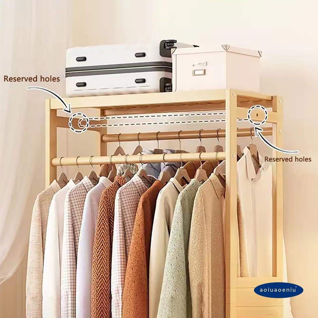 Bamboo Clothes Rail with 2 Hanging Rods and 11 Storage Shelves Portable Extra Large Garment Rack for Hallway Entryway Bedroom 160CM Height Wood Color Adjustable Sizes: 110/120/130/140/160CM