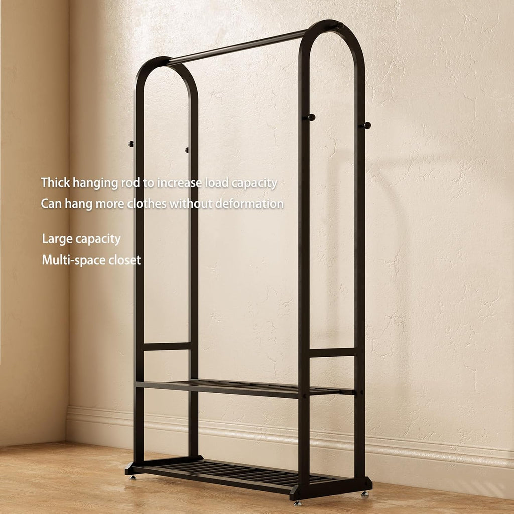 Sturdy metal clothes rack,Black freestanding clothing rack with bottom shelves and 6 side hooks,garment rack for hanging clothes,Wardrobe rack for Bedroom or cloakrooms