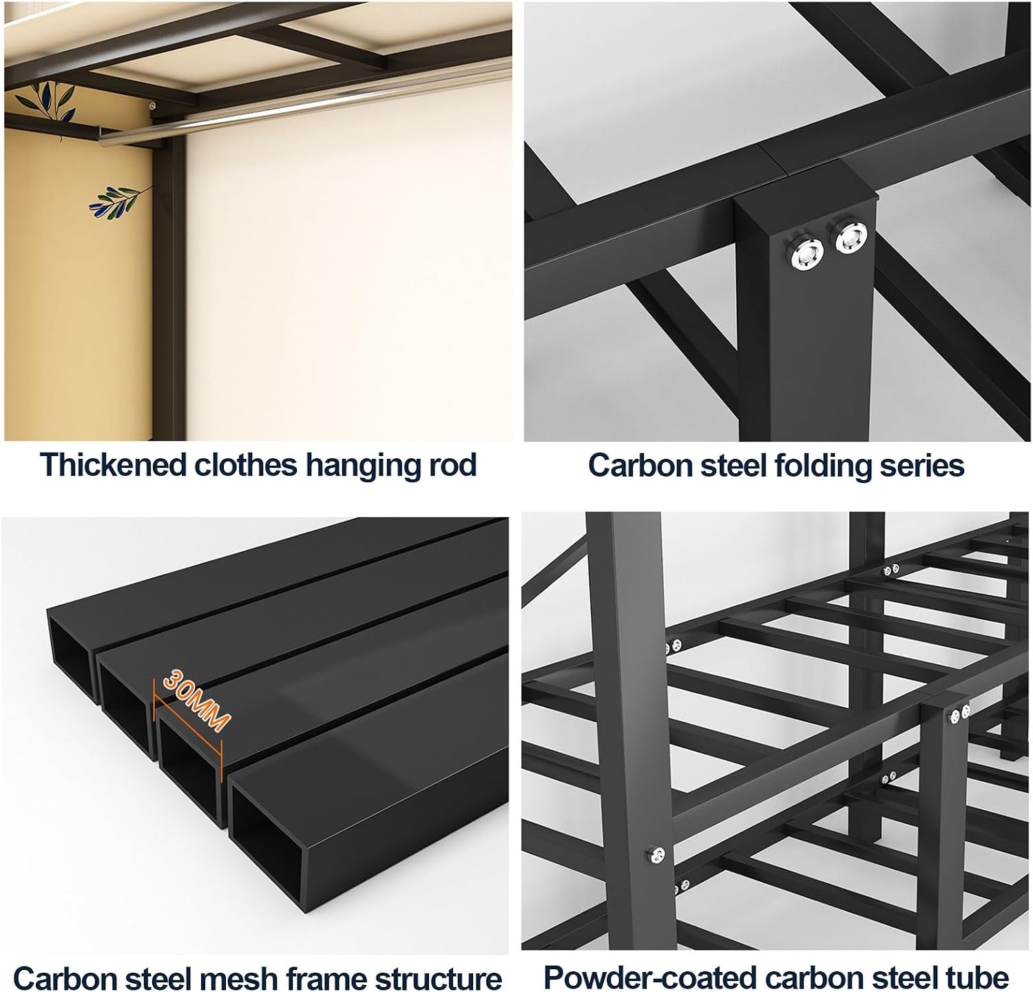 Wardrobe Closet For Hanging Clothes Portable Clothing Rack With Cover 1200Ibs Foldable Black Steel Frame Metal Coat Storage Garment Racks For Hanging Clothes(A,130cm/51.2inch)
